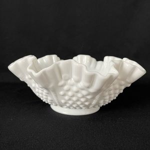 Ruffle Crimped Round Bowl - Fenton Hobnail Milk Glass - Vintage